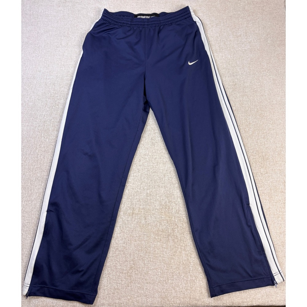 Nike Basketball Mens Navy Blue Mesh Track Pants White Side Stripe Zipper Cuff L
